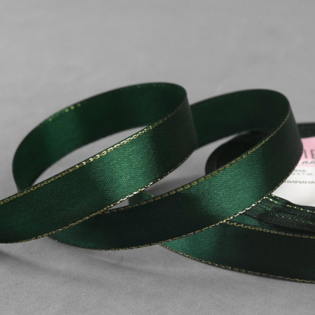 Лента атласная 15мм золотые нити №049 зелёный